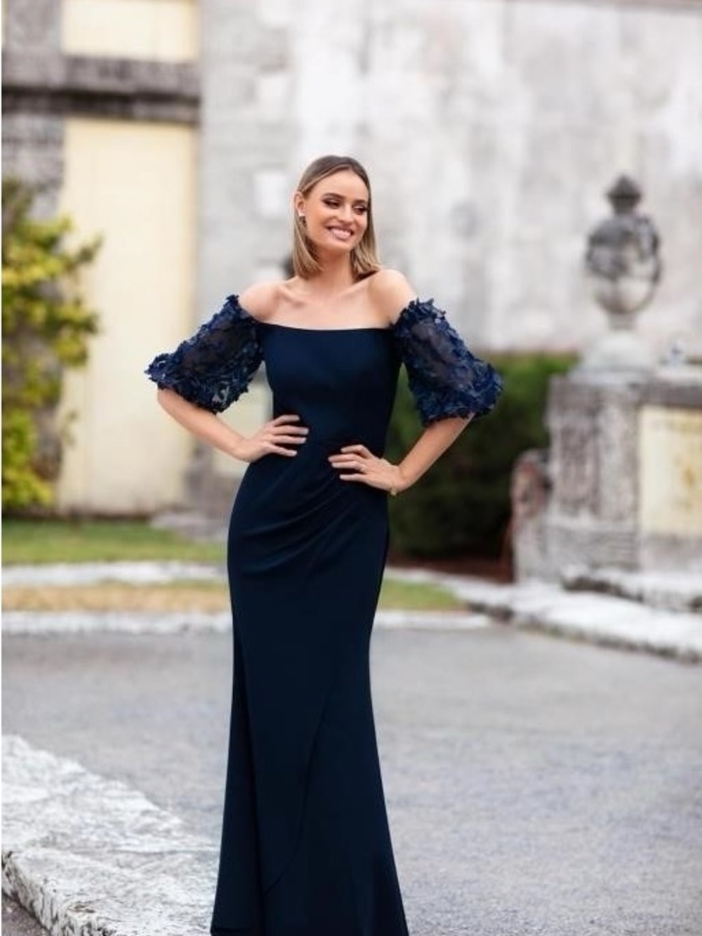 4P XSCAPE WOMENS ILLUSION OFF-SHOULDER DRESS